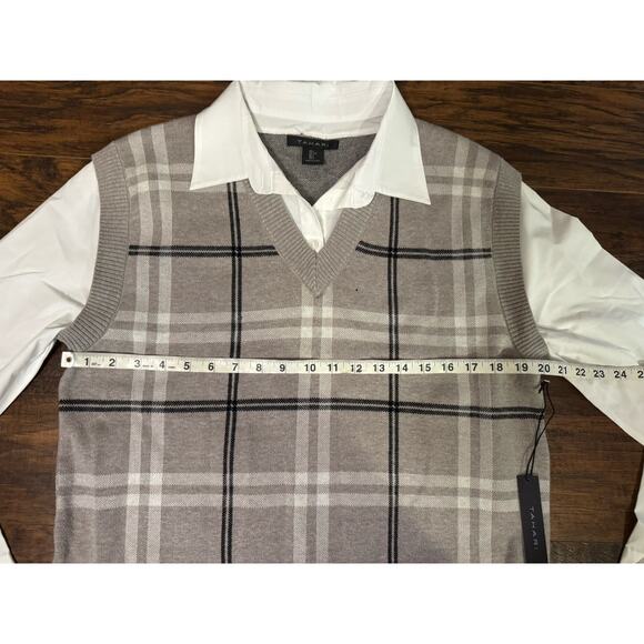 Tahari Women’s Tan Plaid Sweater Dress With White Shirt Underlay NWT Sz:L - Picture 8 of 8